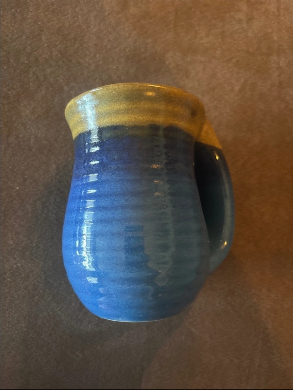 Handmade Blue Ceramic Mug with Tan Rim